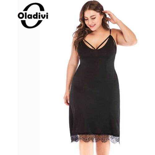 Oladivi Plus Size Womens Sleeveless Striped Dress Sexy Ladies Summer V-Neck Sundress Lace Bodycon Basic Dresses Inner Wear 036