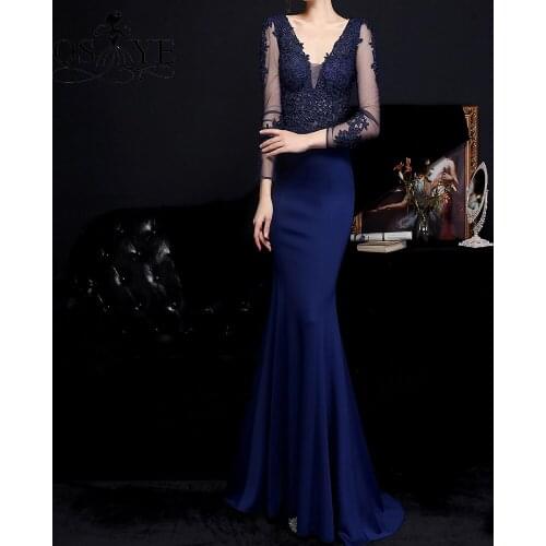 Lace Navy Prom Dresses Long Sleeves Stretch Mermaid Evening Dress Women Appliques Long Formal Party Gown V Neck Celebrity Dress