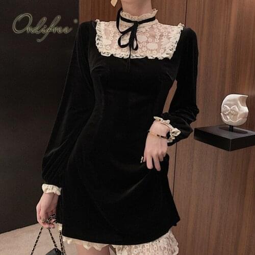 Ordifree 2021 Autumn Women Mini Party Dress Long Sleeve Vintage White Lace Crochet Sexy Short Black Velvet Dress