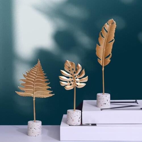 Golden Monstera leaf Model Iron TV cabinet Decor Leaf With Marble Base Console Cabinet decoration