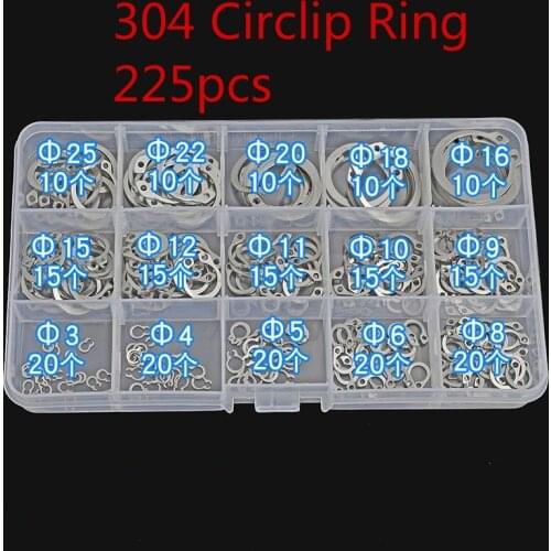 225X Circlip Retaining Ring Snap Ring Card Outer Clamp Spring C-type Shaft Collar Washer Assortment Kit A2 Stainless Steel 3-25