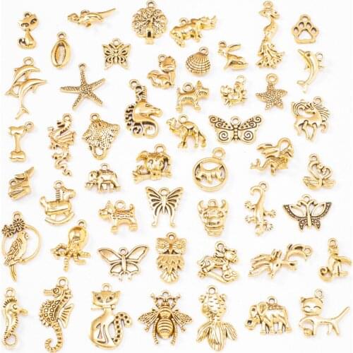 50PCS Gold Color Mixed Animal Handmade Pendant Zinc Alloy Charms For Diy Bracelet Earring Necklace Jewelry Accessaries Wholesale
