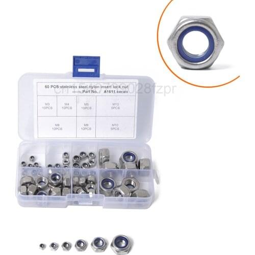 60 Boxed Stainless Steel Nylon Lock Nuts / Anti-skid Self-locking Nuts M3-m10