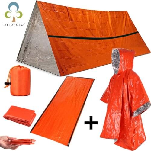 2pcs Emergency Sleeping Bag & Raincoat First Aid Thermal Waterproof For Outdoor Survival Camping Hiking Camp Sleeping Gears ZXH