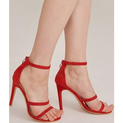 2021 New Fashionable Sexy Design Women Line Style Buckle Thin High Heels Black Faux Suede Open Toe Dress Sandals Shoe Size 42