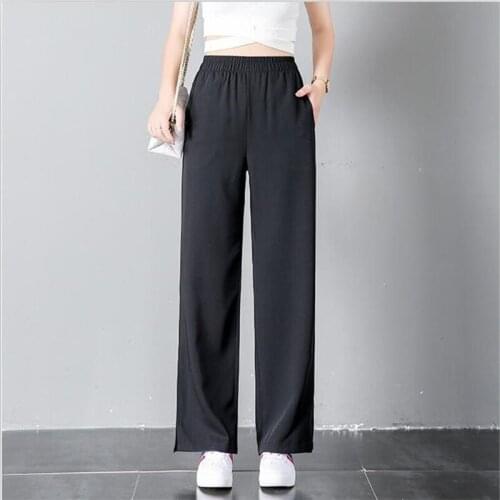 Black Chiffon Women Straight Full Pants Casual Loose High Elastic Waist Trouser Leg Open Fork Pants Large Size Pants 6XL 7XL