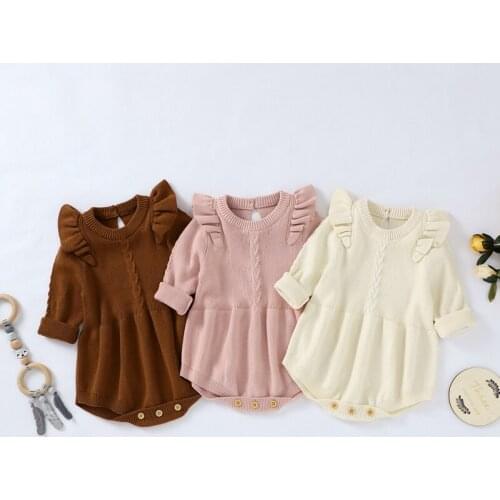 0-24M Baby Solid Print Bodysuit Kids Girls Knitted Jumpsuit Newborn Brown Pink White Clothes