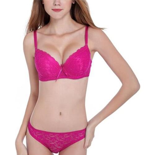 Women Sexy Two Pieces Set Lace Rhine stone Solid Color Transparent Push Up Underwire Back Closure Female Underwear Set