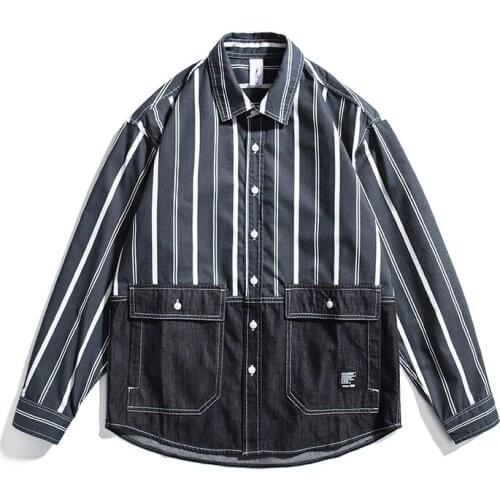 Patchwork Striped Cowboy Shirt for Men Long Sleeve Japan Fashion Casual Loose Tops New Cotton Turn-down Collar Vintage Clothing