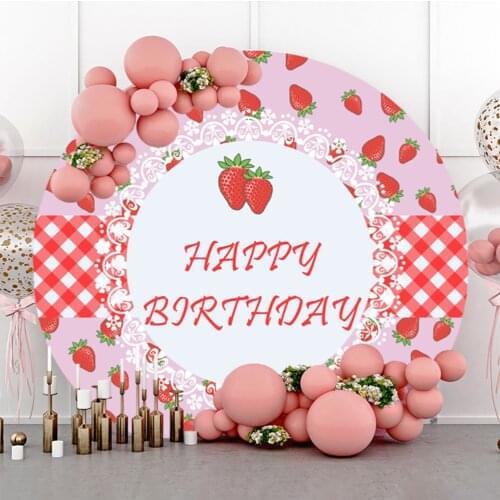 NAM Customize Cartoon Pink Strawberry Round Backgrounds Photography Happy Birthday Photo Backdrops Child Party Photozone