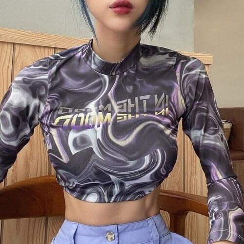 2021 Spring And Autumn New Letter Printing Short Umbilical Bottoming Long Sleeved Half High Collar Bottoming Shirt Top Women