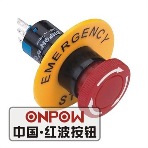 ONPOW 16mm 1NO1NC/ 2NO2NC Plastic Emergency Stop Switch with warning circle (LAS1-AY-TS/R/S10) CE, ROHS