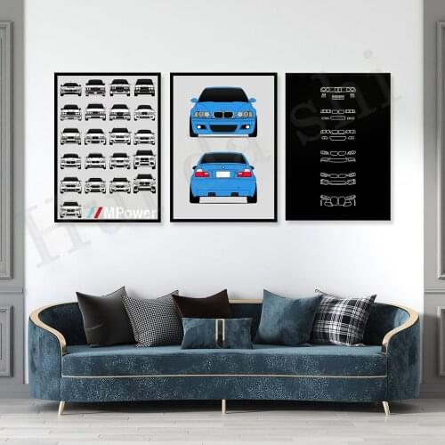 BMW M3 E46 Front and Rear View Poster Print, 3 Series (2000-2006) Wall Art Decor BMW M Power Canvas Poster