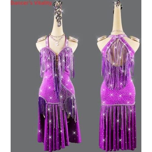 Latin Dance Dress Tassel Full Diamond Long Skirt Performance Clothes High-end Custom Female Adult Child Competition Clothing