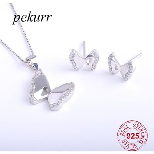 Pekurr 925 Sterling Silver Crystal Wing Butterfly Earrings Necklace Sets For Women Vivid Insect Pendants Wedding Jewelry