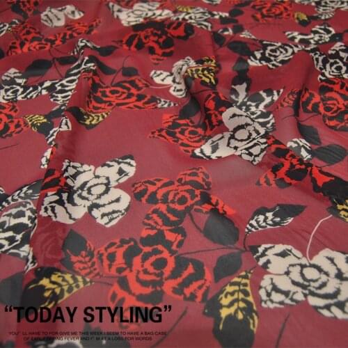 LEO&LIN Large Wide Dark Red Flower Silk Georgette Chiffon Skirt Shirt Scarf Clothing Fabric DIY Patchwork Tissue