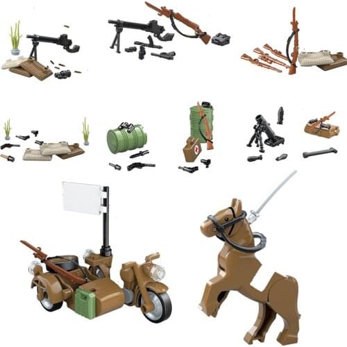 Military series world war mini battle motorcycle horse oil barrel scene construction accessories Building Blocks Toys Gifts