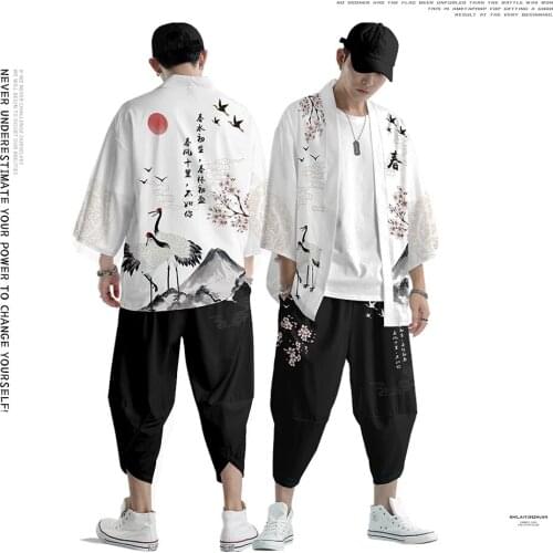 Yukata Kimono Men Japanese Streetwear Women Cardigan Crane Print Haori Adult Boy Women Elastic Waist Pants Casual Outfits Set