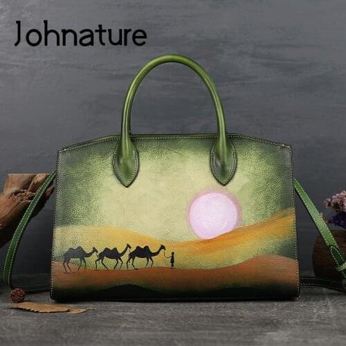 Johnature Hand Painted Landscape Women Tote Bag 2021 New Genuine Leather Retro Handbag Cowhide Large Capacity Shoulder Bags
