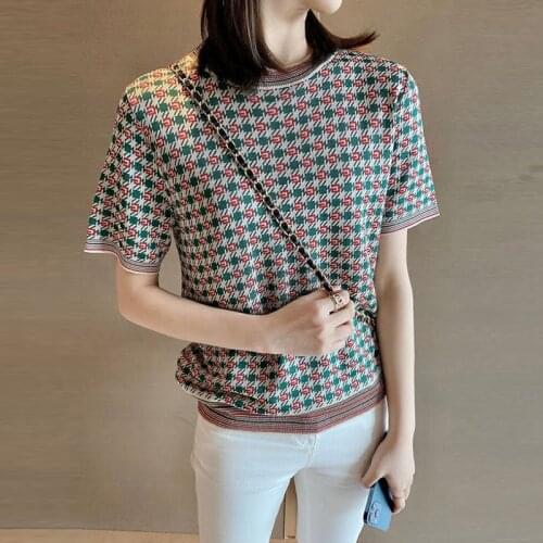 Elegant Grid Letter Knitted Summer Women T Shirt O Neck Short Sleeve Office Ladies Sweater Pullover Fashion Loose Tops 2021