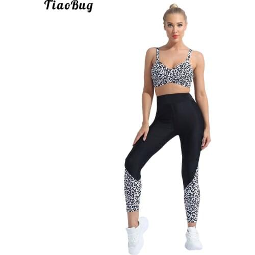 TiaoBug Summer Women Clothing Yoga Suit Sleeveless Knotted V-Neck Printed Padded Top With Elastic Waistband Leggings Sport Sets
