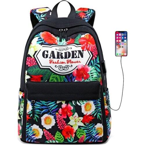 Teen Girl Bag USB Charge Floral Backpack Woman Stylish Green Leaf Fashion Trend Female PrintingTravel Backpack Large Daypack2019