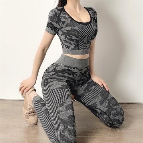 Women 2 Piece Crop Top Leggings Sportsuit Workout Outfit Fitness Active Gym Wear Short Sleeve Yoga Sets Seamless Sport Set