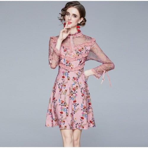 Spring Autumn Runway Pink Floral Dress Womens Lace Patchwork Long Sleeve Bow Stand Collar Flower Ruffles A Line Elegant Dress
