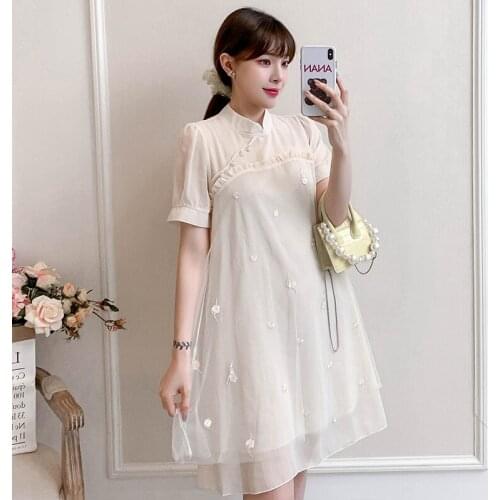 14391# Maternity Clothes Summer Chiffon Short Sleeves Loose Stylish A Line Dress Pregnant Women Mom Dress