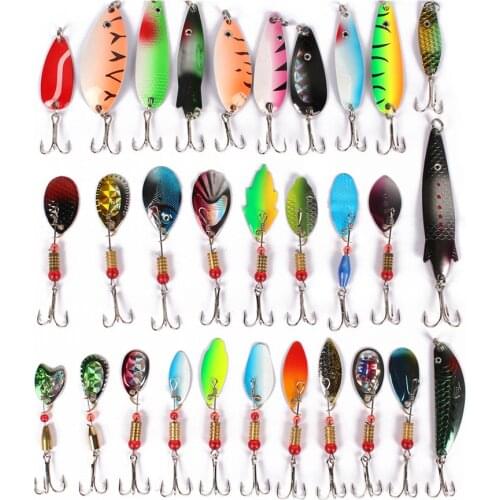 30Pcs Fishing Metal Spoon Lure Kit Set Baits Sequins Spinner Lures Treble Hooks Fishing Tackle Gear Pesca Spinner Bait