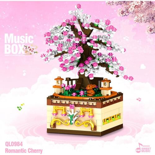 487pcs Girl Building Blocks Toy Romantic Pink Cherry Blossom Music Box DIY Assembled Building Blocks Childrens Toys Girl Gifts