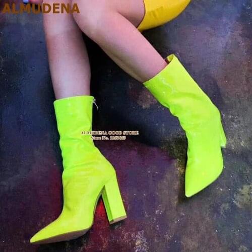ALMUDENA Lime Green Patent Leather Middle Boots Bright Neon Pink Chunky Heel Pointed Toe Mid-calf Dress Boots Nightclub Shoes