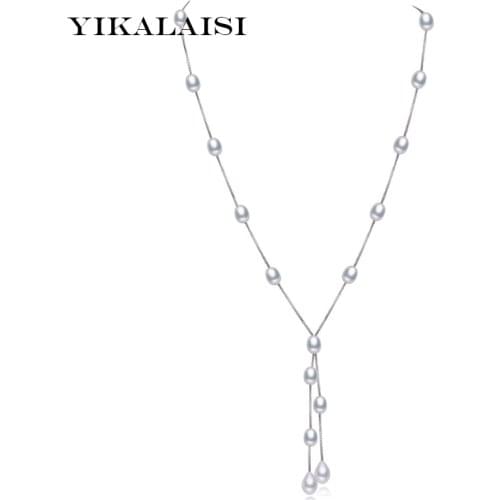 YIKALAISI 925 Sterling Silver Chain Natural Freshwater Pearl Double Strip Long Necklace Fashion Jewelry For Women 7-8mm Pearl