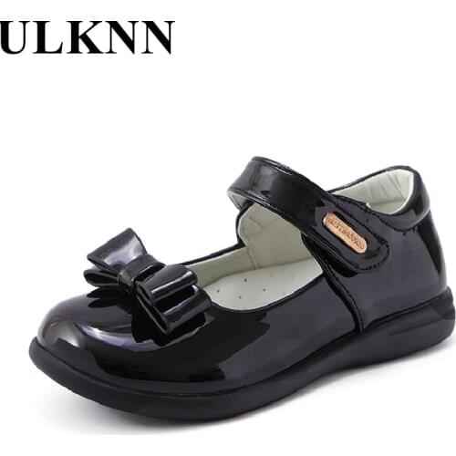 ULKNN Childrens Flat Shoes For Girl Kid Bowtie Shoes Baby Girl For Toddlers Princess School Shoe Pu Letter Party New Black