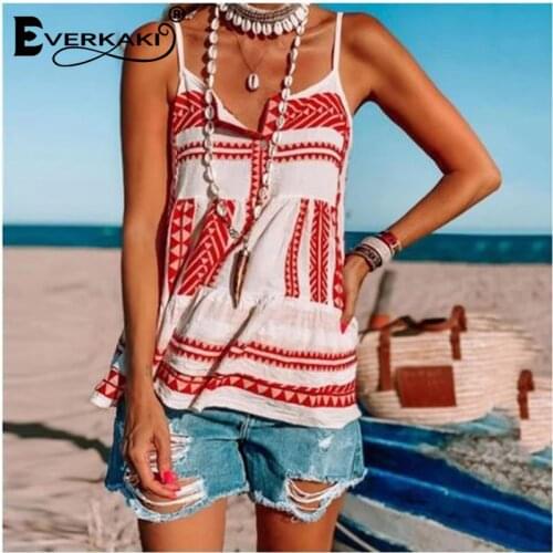 Everkaki Boho Print Chiffon Camis Tops Women Summer Beach Loose Plus Size Vintage Ladies Casual Top Camis T-shirts Female 2021