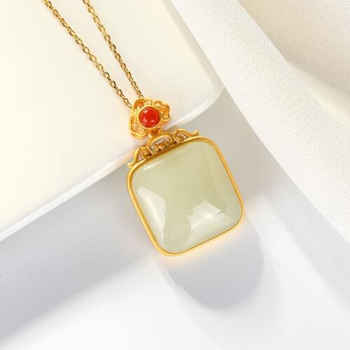 Natural Hetian Jade South Red Pendant Chinese Ethnic Style S925 Sterling Silver Temperamental Safe Square Plate Necklace Ornamen