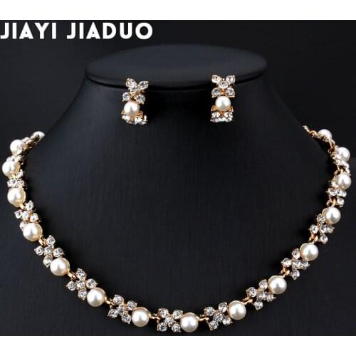 Jiayijiaduo Imitation pearl jewelry set for wedding For women dress accessories Necklace earrings set Gold color Flower gift