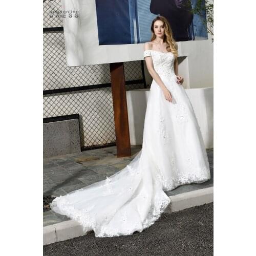 2020 vestido de noiva Lace Wedding Dress Beadings Sequined Boat Neck Off The Shoulder Court Train A-line Bride Dresses Robe