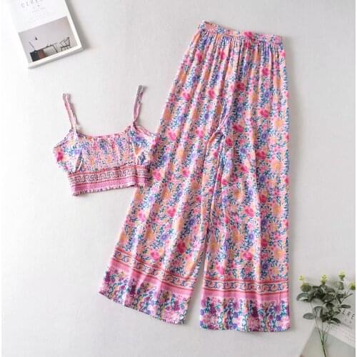 Summer new womens suit holiday style positioning printed sling top + high waist casual wide leg pants female two piece set