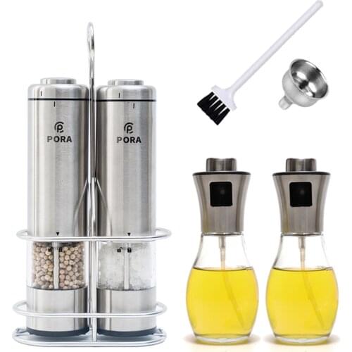 Stainless Steel Pepper Mill Electric Salt and Pepper Grinder Set, Metal Stand,Olive Oil Spray Bottle Set,Cooking Kitchen Tools