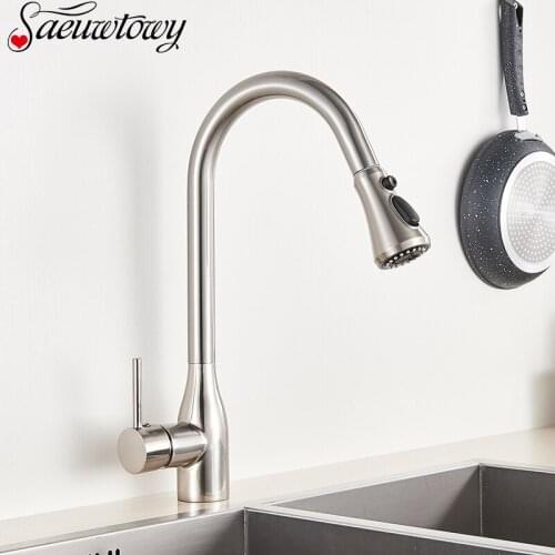 Deck Mounted 360° Rotatble Kitchen Faucet Pull Out Double Watering Can Kitchen Faucet Hot and Cold Water Brushed Nickel