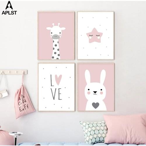 Cartoon Nursery Prints Pink Rabbit Giraffe Star Love Poster Baby Kids Canvas Painting Modern Wall Art Nordic Picture Decor
