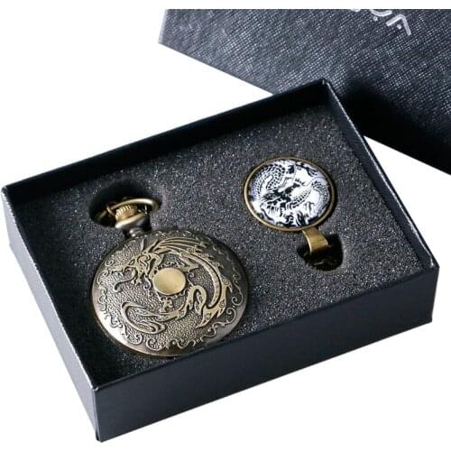 Mens Vintage Bronze Fiery Dragon Quartz Pocket Watch Analog Steampunk Necklace Pendant Watches Gift Set for Men Boy + Box