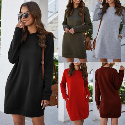 2021 Fashion NewDress Women Sweatshirt Autumn Winter Long Sleeve Plue Size O-Neck Warm Loose Solid Color Pocket Womens Dresses