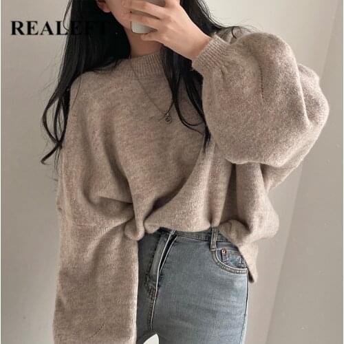 REALEFT Autumn Winter 2021 New Oversize Thicken Sweaters Puff Sleeve Womens Pullovers Casual Loose Ladies Knitting Tops Female