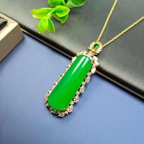 Natural ice king green chalcedony inlaid silver pendant necklace