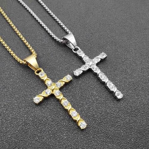 Hip Hop Iced Out Cross Pendant Necklaces Male Gold Color Stainless Steel Necklace For Men Women Christian Jewelry Dropshipping