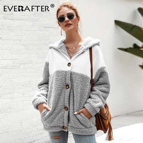 EVERAFTER Streetwear patchwork hooded women coat buttons pockets loose Autumn winter warm plush teddy coat Female Casual 2019