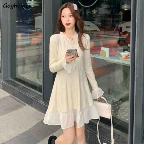 Long Sleeve Dress Womens Korean Style Knitted Ruffles Slim Leisure V-Neck French Elegant Ladies A-Line Femme Trendy Autumn Chic