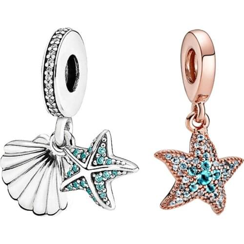 Ocean Style Tropical Starfish Shell Pendant Fit Pan Charms Bracelet Blue Zircon CZ Sea Star Beads DIY Jewelry for Women Kid Gift